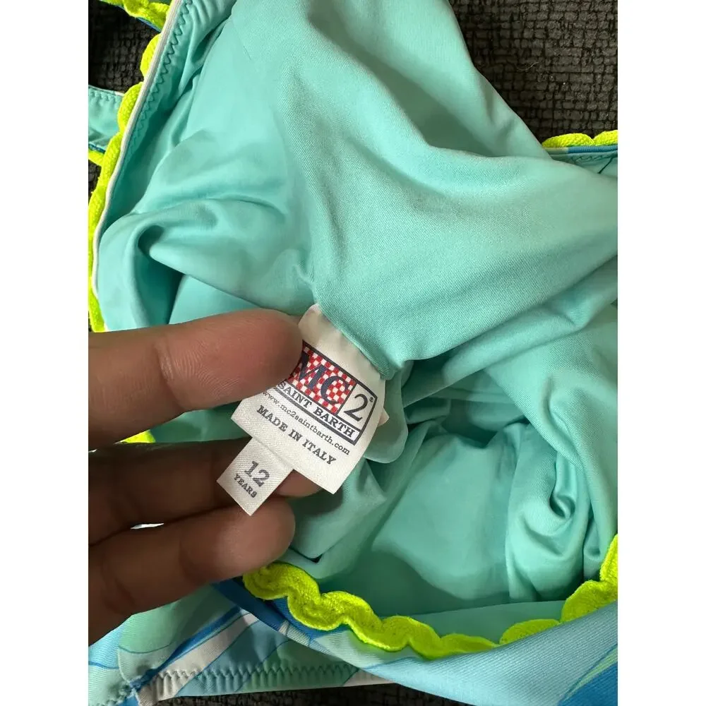 MC2 Saint Barth Girls Blue Wave Print Logo Swimsuit size 12 Made in Italy